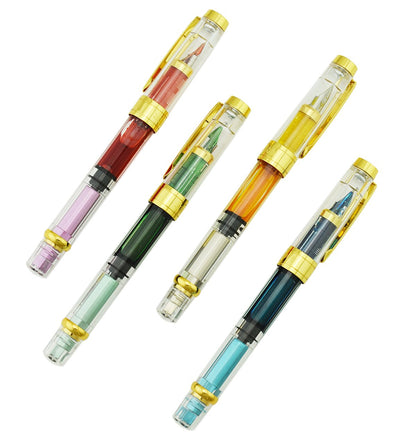 Lanxivi Yongsheng 3008 Piston Fountain Pen EF Extra Fine Nib,Transparent SilverTrim 4 Colors Set