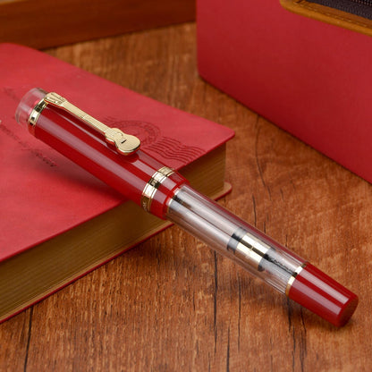 Jinhao 1935 Tiandao Series Fountain Pen, Size 8 Fine Nib Palace Red & Transparent Acrylic with Guitar Clip and Large Capacity Converter