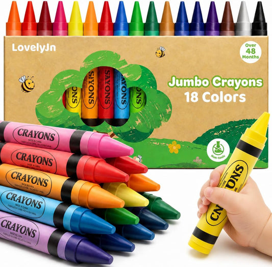 18 Colors Jumbo Crayons for Toddlers 1-3 2-4, Non-Toxic Washable Easy to Grip, School Art Supplies for Kids Ages 4-8, Classroom Must Haves, Ideal Coloring Set Birthday Easter Gifts for Boys Girls