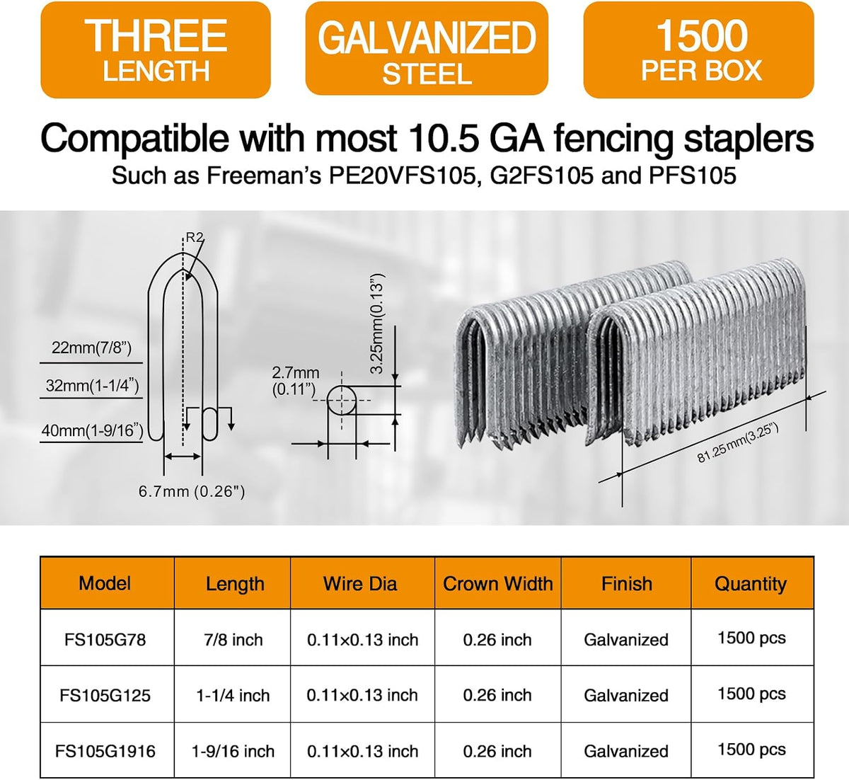 Freeman 10.5-Gauge Fencing Staples | 7/8" | Glue Collated | Galvanized Steel | 1500 Count | Indoor and Outdoor | Livestock Fences, Pet Enclosures, Trellising, Deer Prevention, and Farming | FS105G78