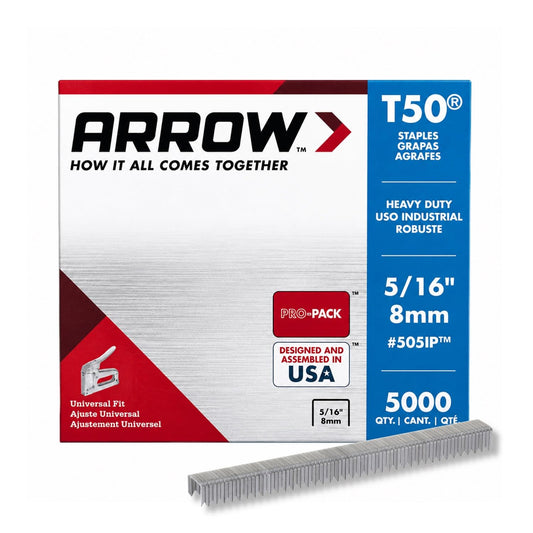 Arrow Fastener 505IP Heavy Duty T50 Staples for Upholstery, Construction, Furniture, Crafts, 3/8-Inch Crown Size, 5/16-Inch Leg Length, 5000-Pack, Made in the USA