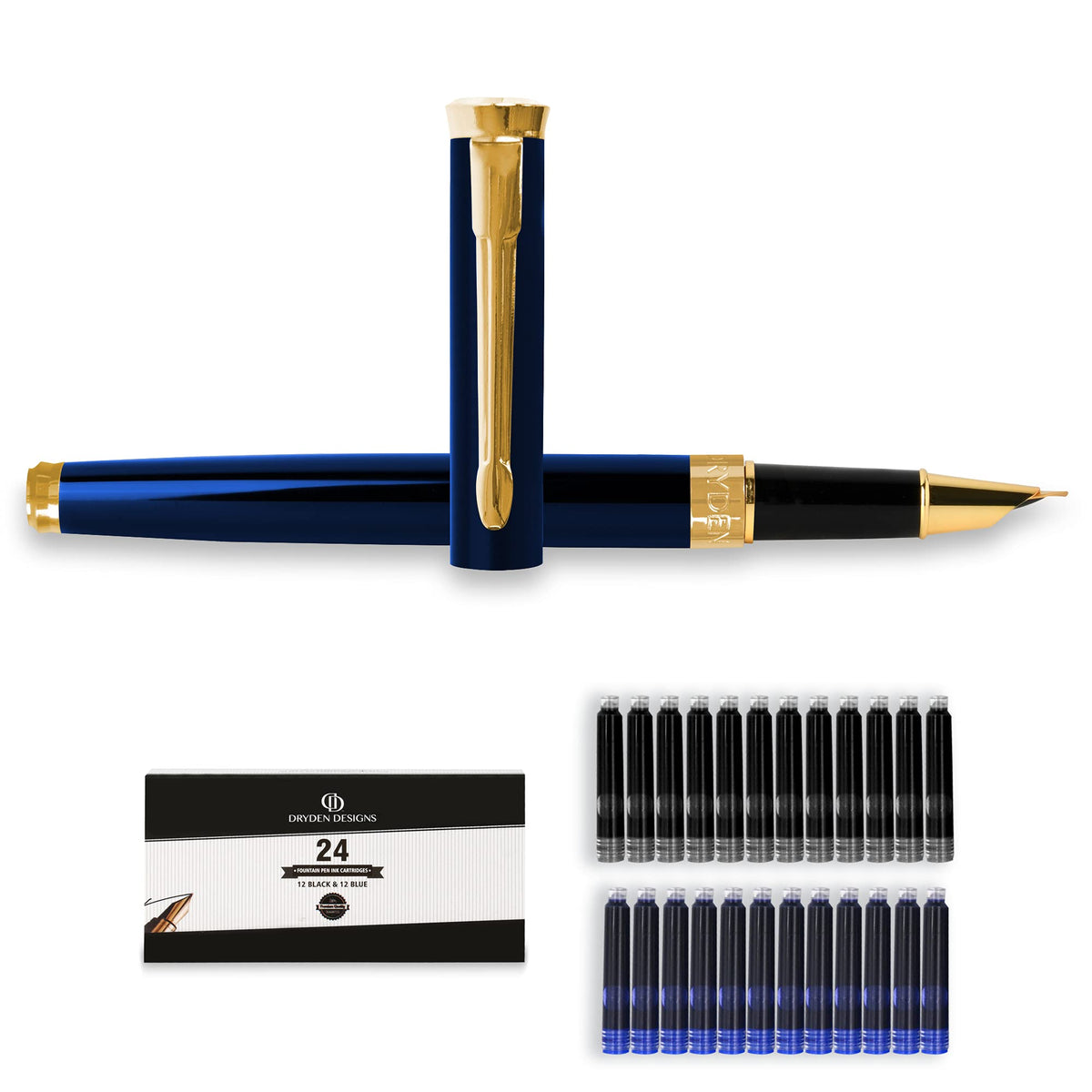 Dryden Designs Fine Nib Fountain Pen - Includes 24 Ink Cartridges - 12 Black and 12 Blue - Silver - Smooth Elegant Writing with Fine Nib and Ink Converters