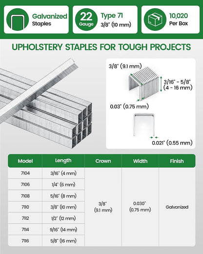 meite 22 Gauge 71 Series 3/8" Crown Wide 3/8" Leg Length Galvanized Staples for Upholstery Stapler 10,020 PCS/Box (1 Box)