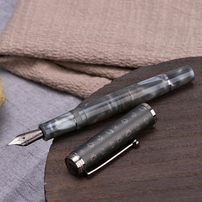 Hongdian N8S Gray Resin Fountain Pen Rabbit Pattern Cap, Iridium Extra Nib with Converter and Metal Pen Case Set