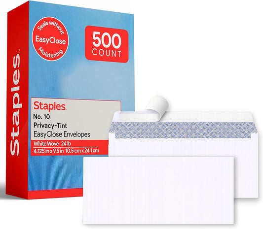 Staples #10 QuickStrip EasyClose Security Envelopes, White, 500/Box