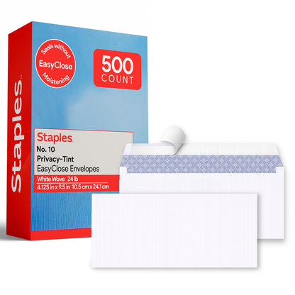 Staples #10 QuickStrip EasyClose Security Envelopes, White, 500/Box