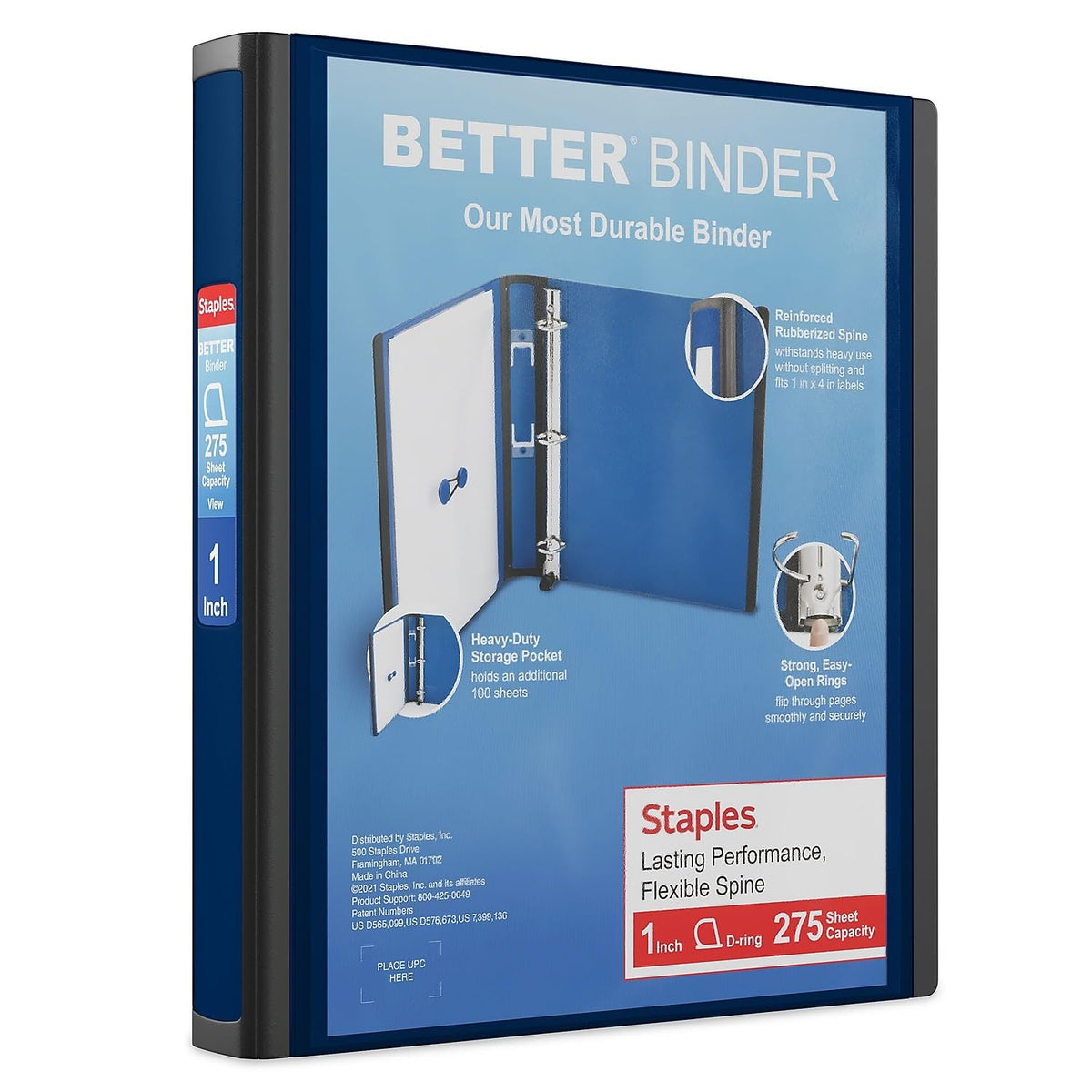 Staples Better Binder, 3 Inch D-Ring, Blue, Reinforced Rubber Spine