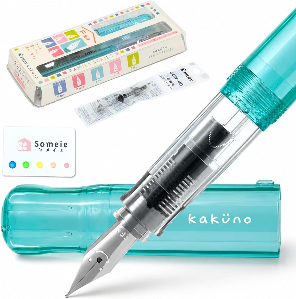 Fountain Pen Set CON-40 Converter & Kakuno Fine Nib with Black Ink Cartridge & Sticky Notes – Refillable Ink System, For Beginners, Calligraphy (Green FKA-1SR-KBOG-F)