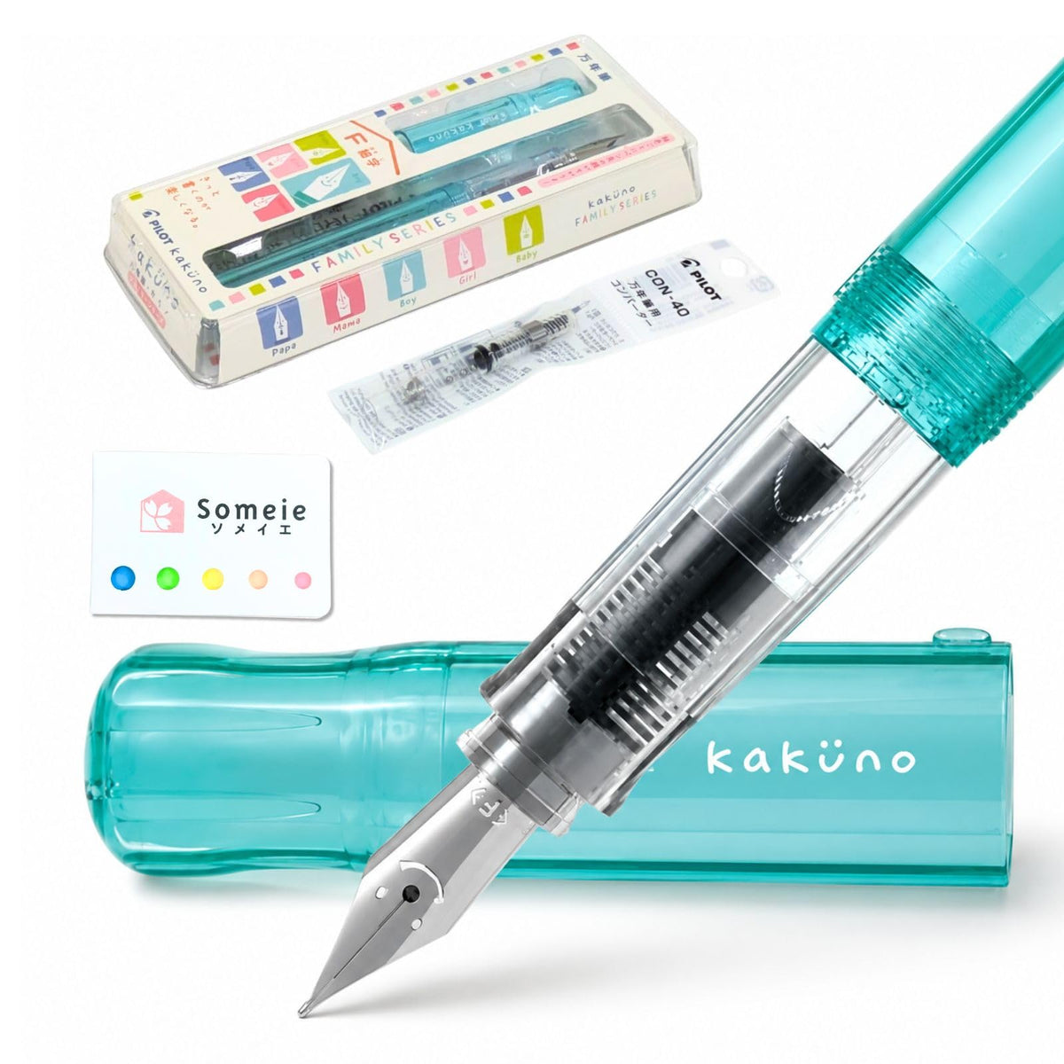 Fountain Pen Set CON-40 Converter & Kakuno Fine Nib with Black Ink Cartridge & Sticky Notes – Refillable Ink System, For Beginners, Calligraphy (Pink FKA-1SR-KGP-F)