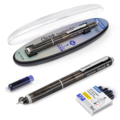 WRITECH Clictek Fountain Pen Retractable: Medium Nib Black Ink 10 Cartridge