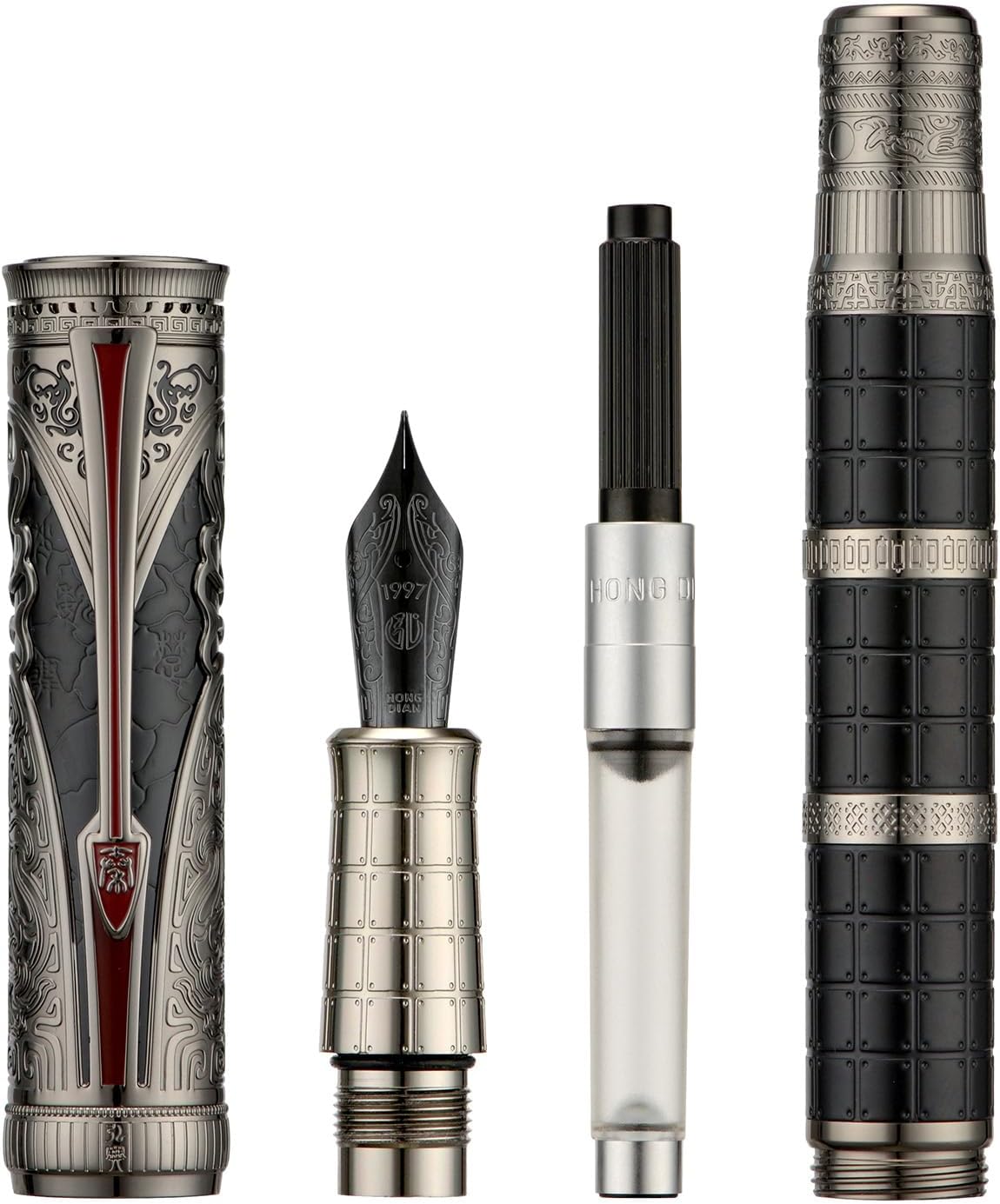 Hongdian D5X Fountain Pen Black Fine Nib, Qin Dynasty Retro Chinese Totem Engraving with Converter and Pen Box Set