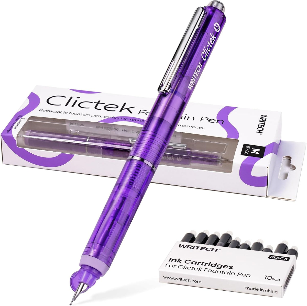 WRITECH Clictek Fountain Pen Retractable: Medium Nib Black Ink 10 Cartridge