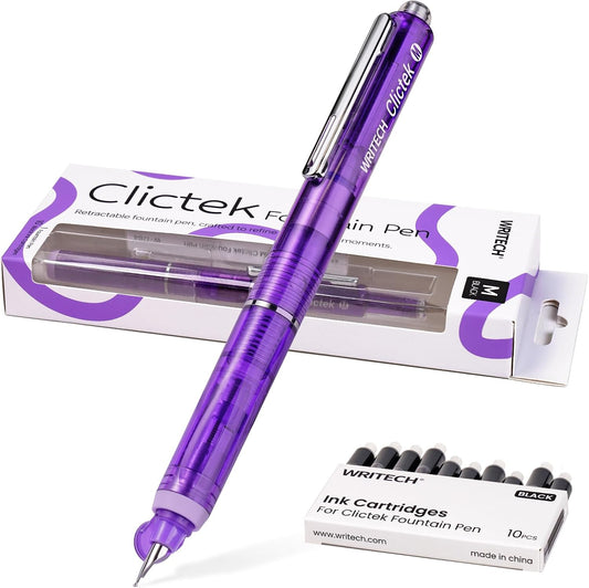 WRITECH Clictek Fountain Pen Retractable: Medium Nib Black Ink 10 Cartridge