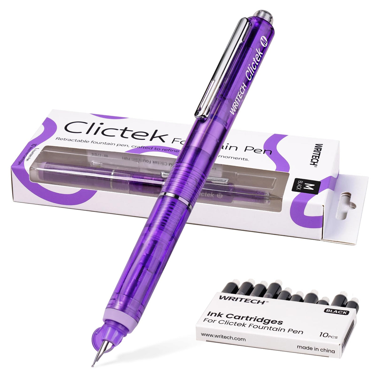 WRITECH Clictek Fountain Pen Retractable: Medium Nib Black Ink 10 Cartridge