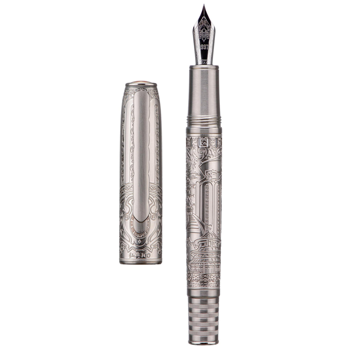 Hongdian N8S Gray Resin Fountain Pen Rabbit Pattern Cap, Iridium Extra Nib with Converter and Metal Pen Case Set