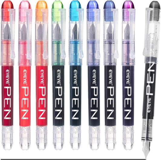 EYEYE Fountain Pens for Writing, 9 Pack Assorted Colors Disposable Fountain Pens Stainless Steel Nib, Clear Barrel, Fine Point Smooth Writing for Calligraphy, Journaling, Office & School Supplies