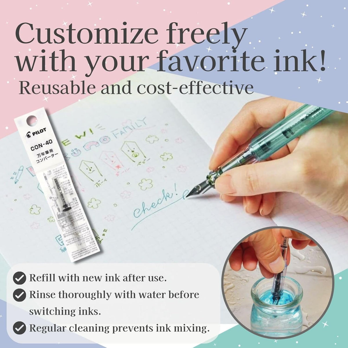 Fountain Pen Set CON-40 Converter & Kakuno Fine Nib with Black Ink Cartridge & Sticky Notes – Refillable Ink System, For Beginners, Calligraphy (Pink FKA-1SR-KGP-F)