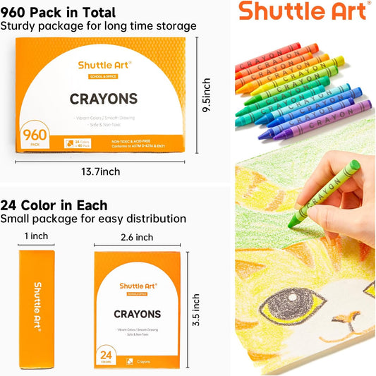 Shuttle Art Crayons Bulk Set - 40 Boxes of 24 Assorted Colors, 960 Count Durable & Non-Toxic Teacher-Quality Crayons, School Supplies bulk For Family Class Party Favors