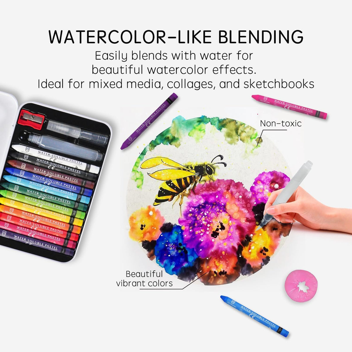 12 Colors Water-Soluble Pastel Crayons Set, Multi-Technique Art Kit with Brush & Palette, Versatile for Watercolor, Oil Pastel & Ink Effects, Easy Blending for Beginners, Sketching & Creative Drawing