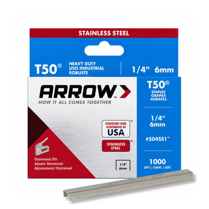 Arrow Fastener 506SS1 Heavy Duty T50 Stainless Steel Staples for Upholstery, Construction, Furniture, Crafts, 3/8-Inch Leg 3/8-Inch Crown Size,Length, 1000 Count (Pack of 1)