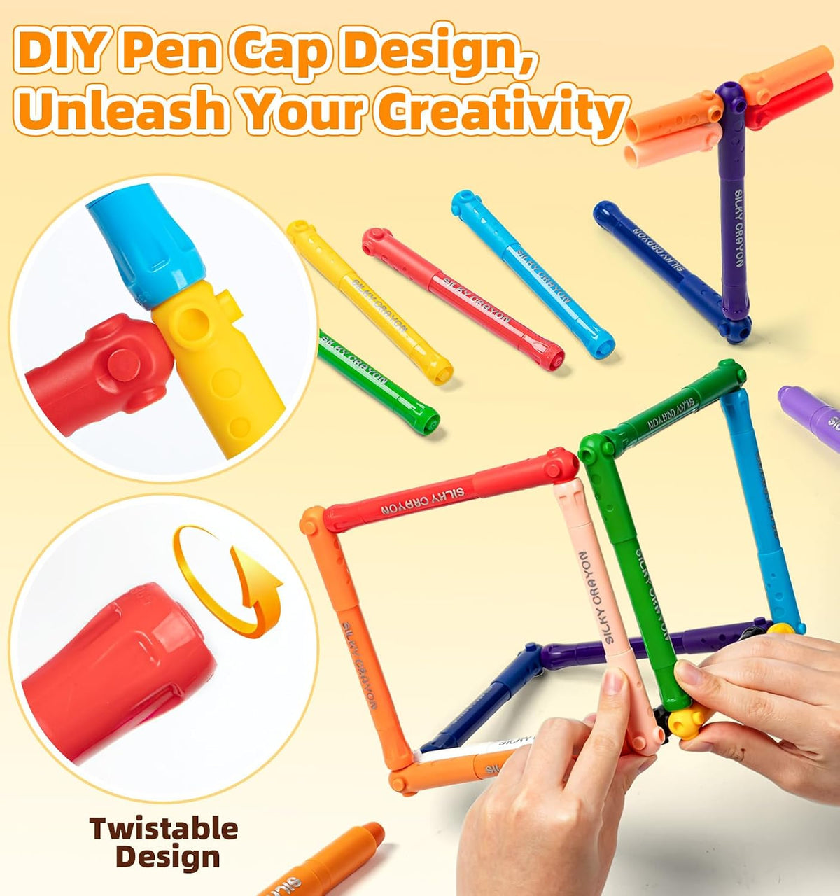 24 Colors Silky Twistable Crayons with Interlocking Caps, Washable Crayons