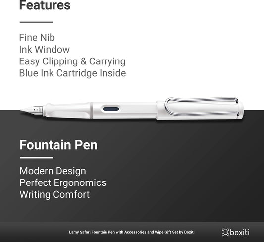 Lamy Safari | White | Fine Nib | 5 Black Ink Cartridges, Z28 Converter and Wipe
