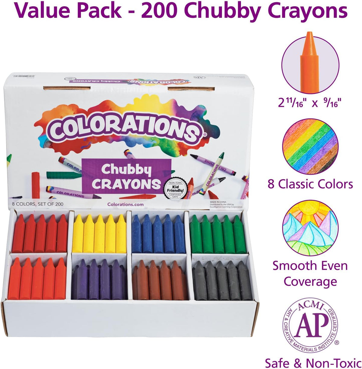 Colorations Chubby Crayons for Kids, 200 Count, 8 Colors