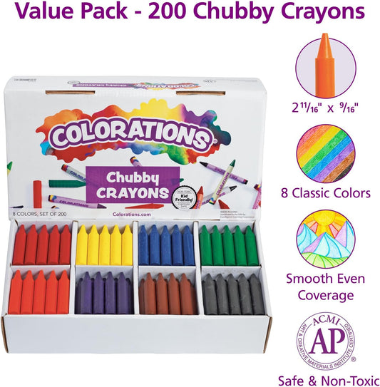 Colorations Chubby Crayons for Kids, 200 Count, 8 Colors