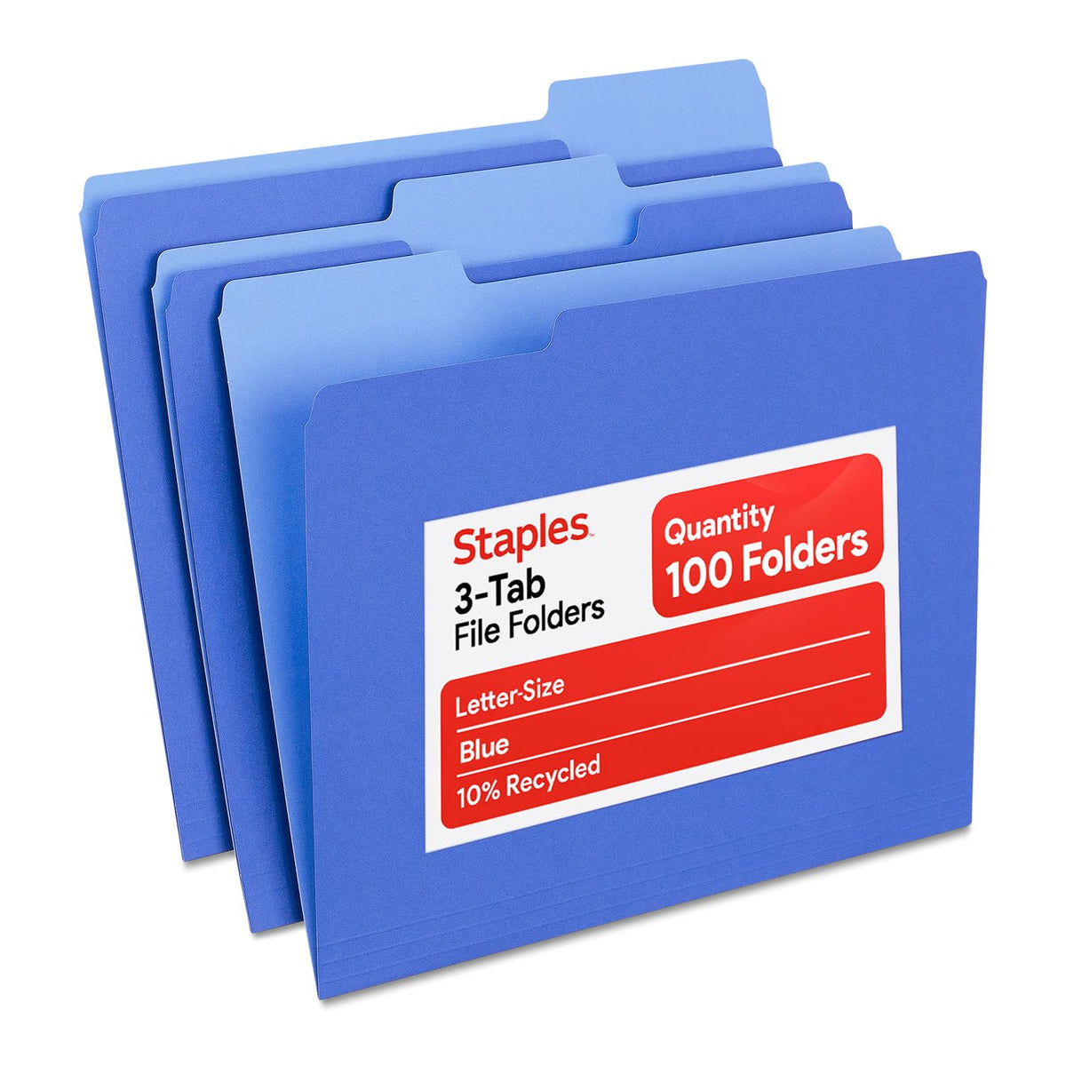 Staples File Folders, Letter Size, 1/3-Cut Tabs, Manila, 100/Pack