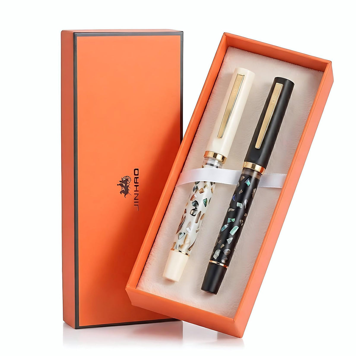 Jinhao 58 Fountain Pen - Natural Sea Shell Inlay Fine Nib Writing Pen with 3.4mm Ink Converter & Silver Metal Gift Box,Matte Black