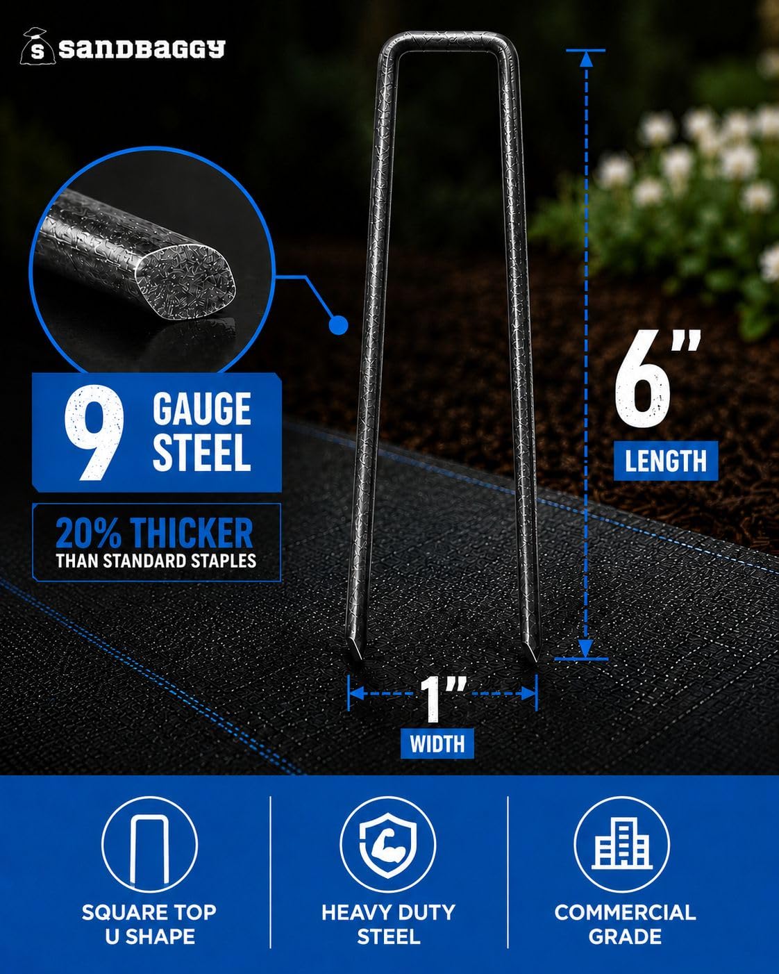 Sandbaggy 6 inch Landscape Sod Staples (9 Gauge Steel) ~ Great for Hard Soil - 20% Thicker Than Competition - Trusted by Farmers & Contractors Across USA (200 Staples)