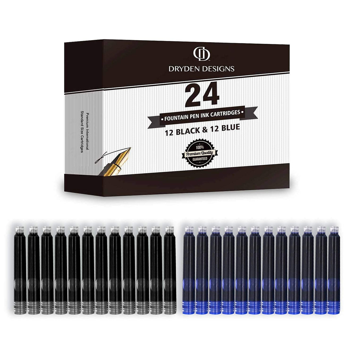 Dryden Designs Fountain Pen Ink Cartridges - Set of 24 Blue Ink CARTRIDGES - Short International Standard Size - Disposable and Generic Ink Refill Cartridges - Perfect for Calligraphy.