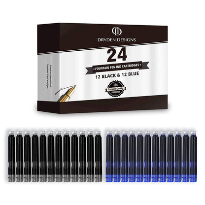 Dryden Designs Fountain Pen Ink Cartridges - Set of 24 Blue Ink CARTRIDGES - Short International Standard Size - Disposable and Generic Ink Refill Cartridges - Perfect for Calligraphy.