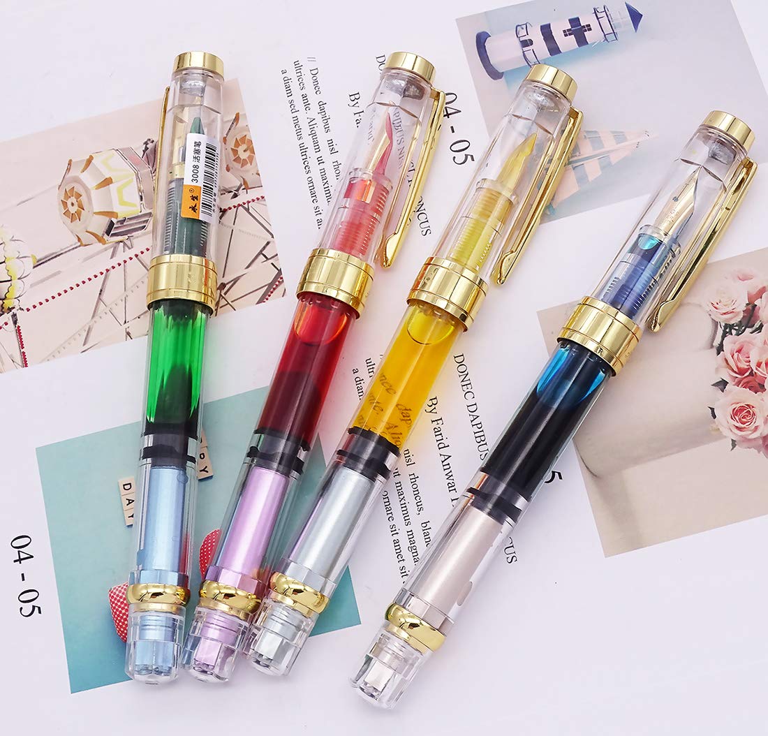 Lanxivi Yongsheng 3008 Piston Fountain Pen EF Extra Fine Nib,Transparent SilverTrim 4 Colors Set