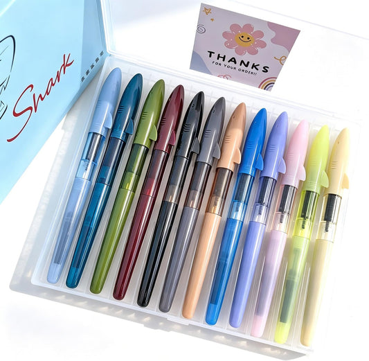 Jinhao Shark Series Fountain Pen, 12 Pack Extra Fine (EF) Nib, Assorted Colors, Durable Resin Body, Smooth Writing Pen with Ink Converters and Reusable Storage Case
