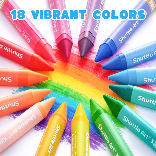 Shuttle Art Jumbo Crayons for Toddlers, 18 Colors Triangle Crayons with Coloring Sheets & PDF Pages, Non Toxic Washable for kids, Coloring Gifts & Mess-Free Art Supplies