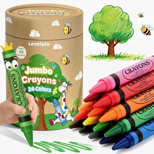 24 Colors Jumbo Crayons for Toddlers 1-3 2-4, Non-Toxic Washable Crayons for Kids Ages 3-5 4-8 6-8, School Art Supplies, Classroom Must Haves, Ideal Coloring Set Gifts for Boys Girls