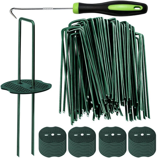 Bakulyor 50pcs Green Artificial Turf Stakes Staples + 50pcs Buffer Washer, 6 Inch 11 Gauge Landscape Staples, Galvanized Lawn Spikes, Heavy Duty Yard Ground Pin for Grass Weed Barrier Sod Fabric