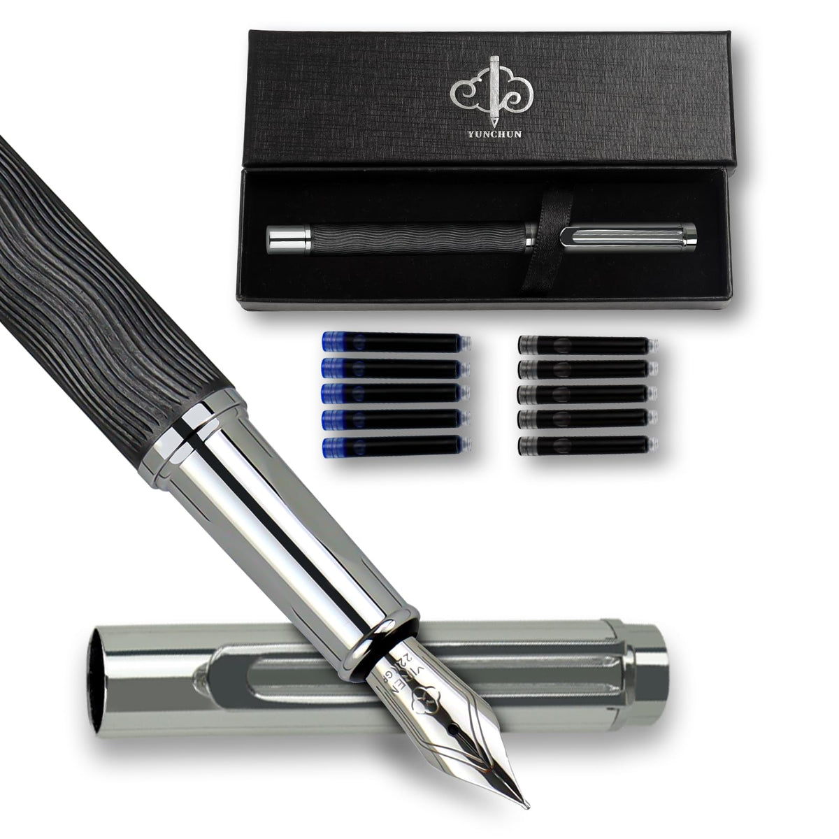 YUNCHUN Fountain Pen Set for Men Women, Streamline Design Refillable Pen with Medium Nib, 20 Ink Refills (10 Black + 10 Blue), Smooth Writing Gift, Blue