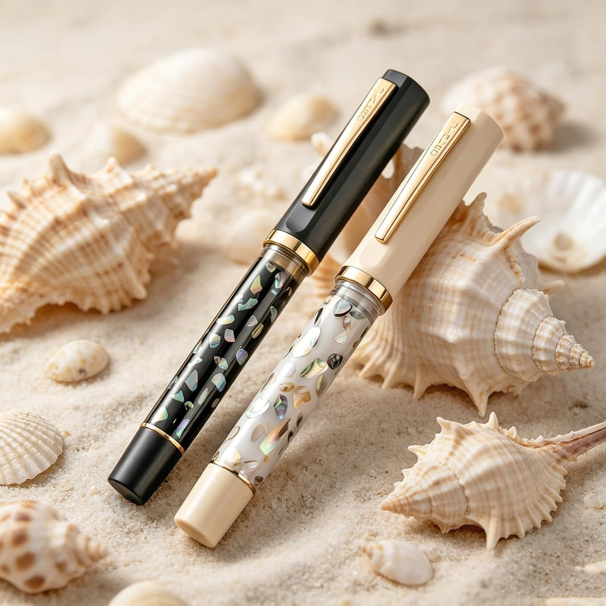 Jinhao 58 Fountain Pen - Natural Sea Shell Inlay Fine Nib Writing Pen with 3.4mm Ink Converter & Silver Metal Gift Box,Matte Black