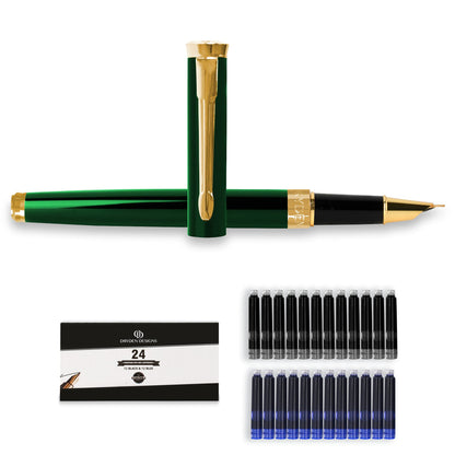 Dryden Designs Fine Nib Fountain Pen - Includes 24 Ink Cartridges - 12 Black and 12 Blue - Silver - Smooth Elegant Writing with Fine Nib and Ink Converters