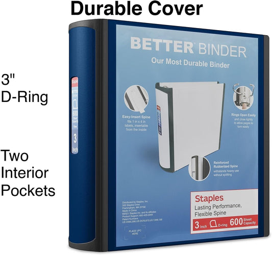 Staples Better Binder, 3 Inch D-Ring, Blue, Reinforced Rubber Spine