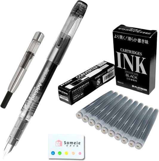 Fountain Pen Set ｜Preppy Fine Nib 0.3mm Black (PSQ-300#1-2) ＆ Converter Silver (700A) ＆ 10 Black Ink Cartridges (SPSQ-400#1) ＆ 5 Colors Sticky Notes