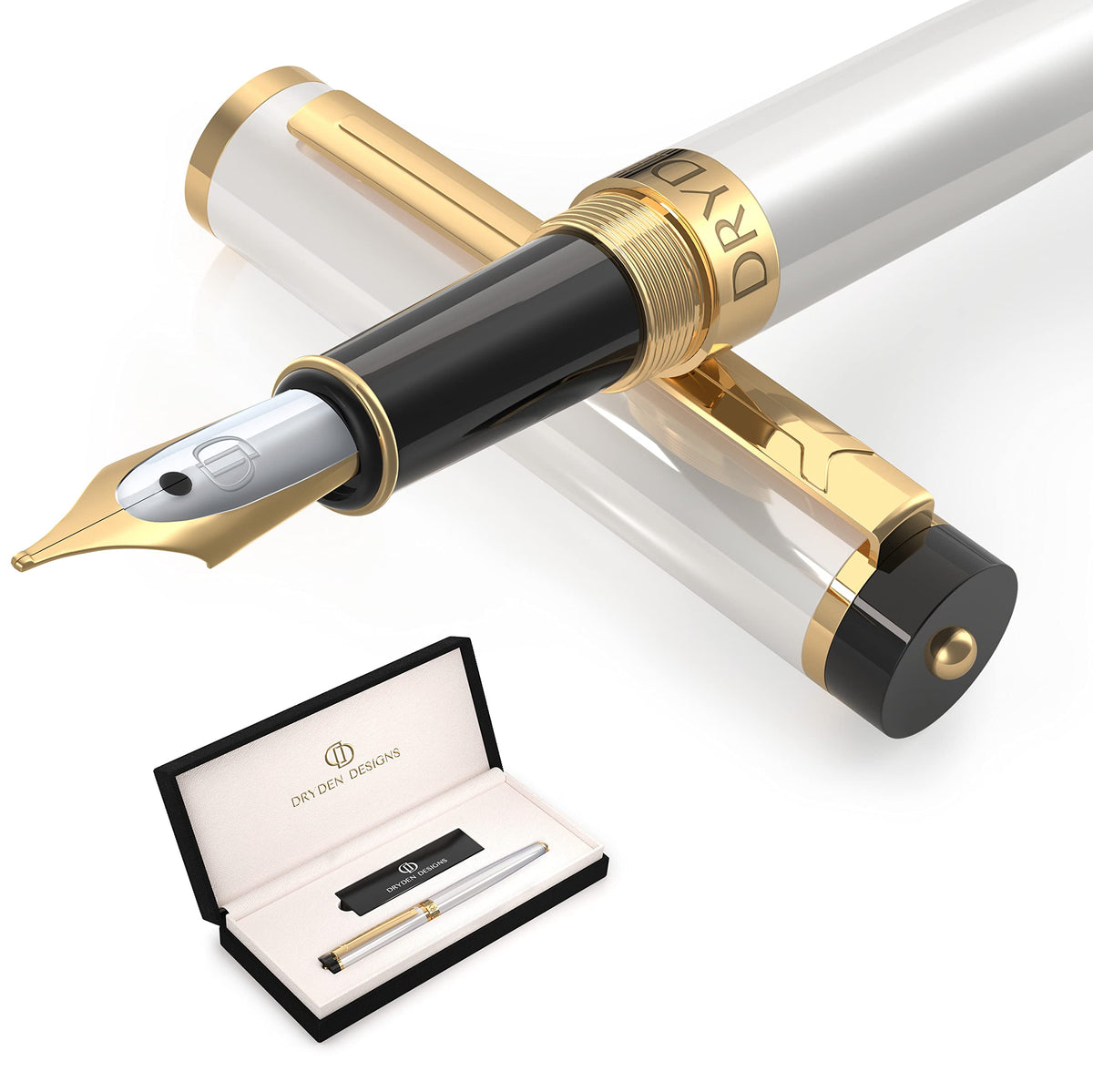 Dryden Designs Fountain Pen. Medium Nib Premium Box | 6 Ink Cartridges Included (Royal Red)
