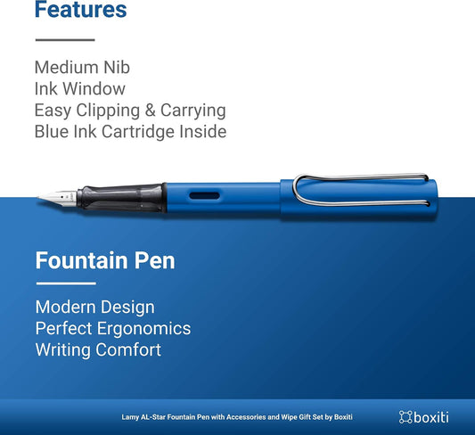 Lamy AL- Star Pen | Ocean Blue | Medium Nib | 5 Black Ink Cartridges, Z28 Converter and Wipe