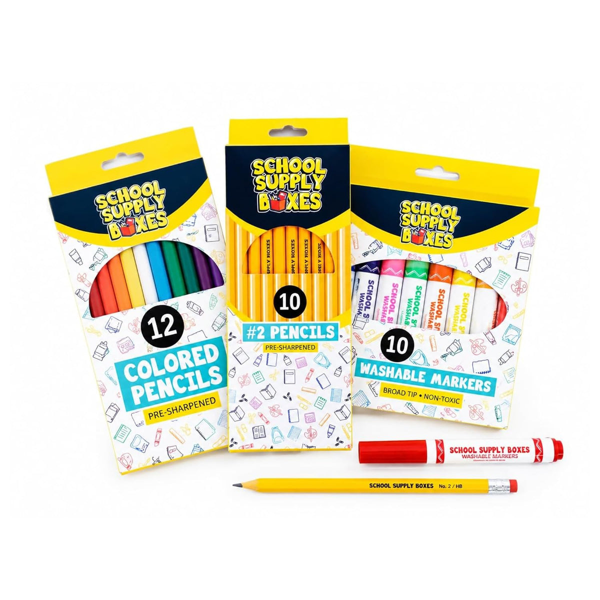 Back to School Supply Box Grades K-5 - School Supply Boxes - 32 Piece School Supplies Kit Includes Markers, Crayons, Pencils, Scissors, Folders, Glue Sticks, Notebook, and Composition Book