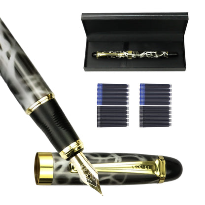 YUNCHUN Marble Fountain Pen for Writing, Refillable Luxury Metal Pens with Ink Pen with 10 Black and 10 Blue Ink Refills, Business Writing Fountain Pen for Men and Women, Marble Black