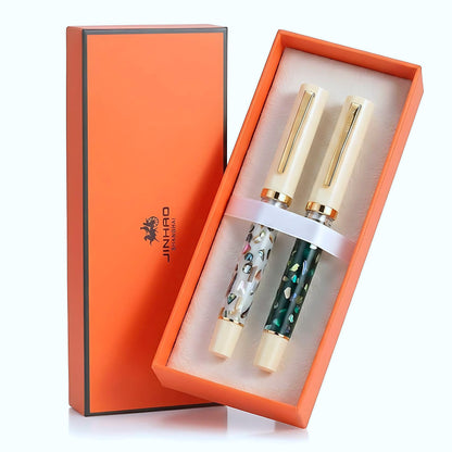 Jinhao 58 Fountain Pen - Natural Sea Shell Inlay Fine Nib Writing Pen with 3.4mm Ink Converter & Silver Metal Gift Box,Matte Black