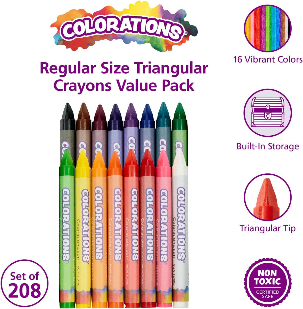 Colorations Regular Size Triangular Crayon Classroom Pack, 16 Colors