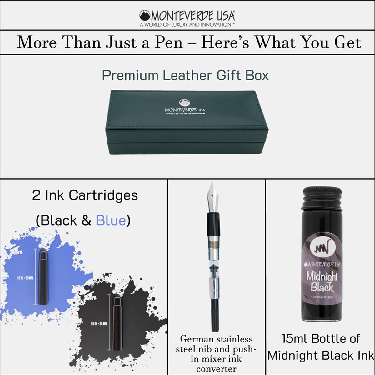 Monteverde USA Aldo Domani Fountain Pen Black – Medium Nib – Free Ink Bottle, Converter & Cartridges – Smooth JoWo German Nib – Elegant Gift Pen in Box